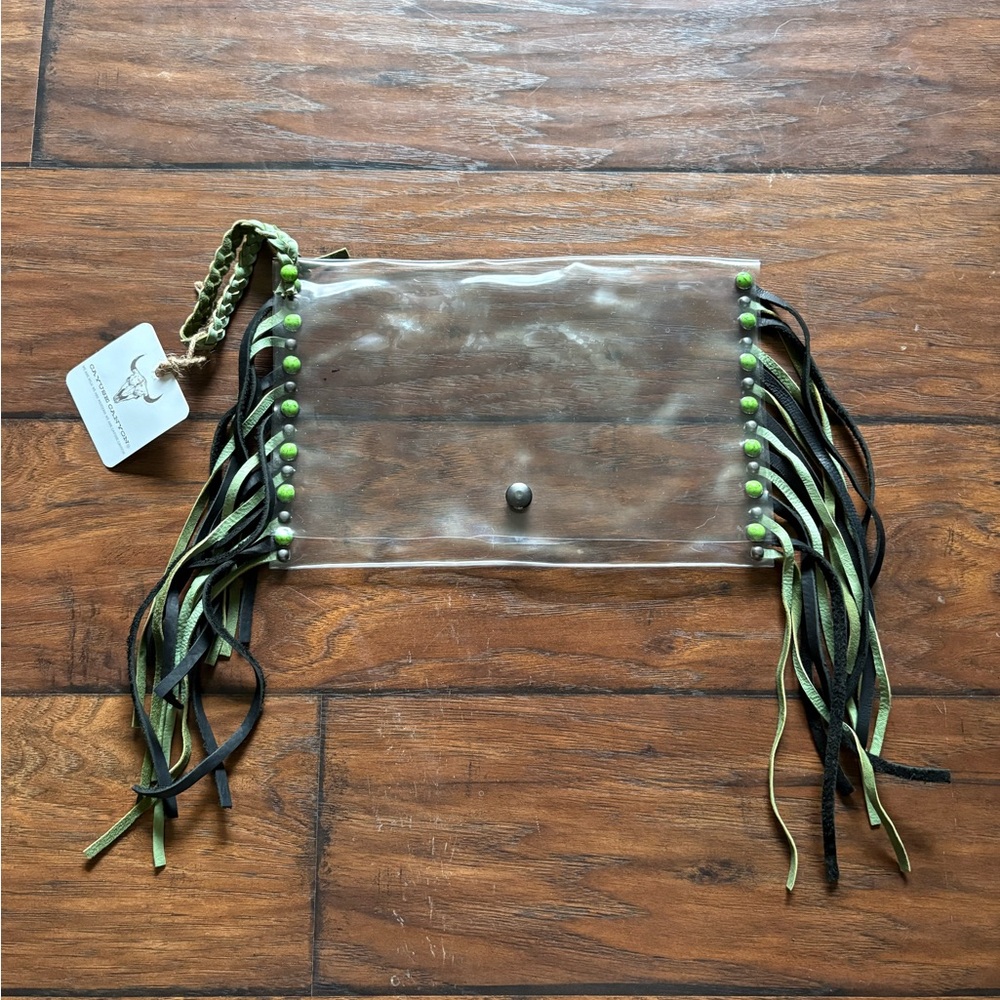 Transparent Fringe Clutch with Green and Black Accents